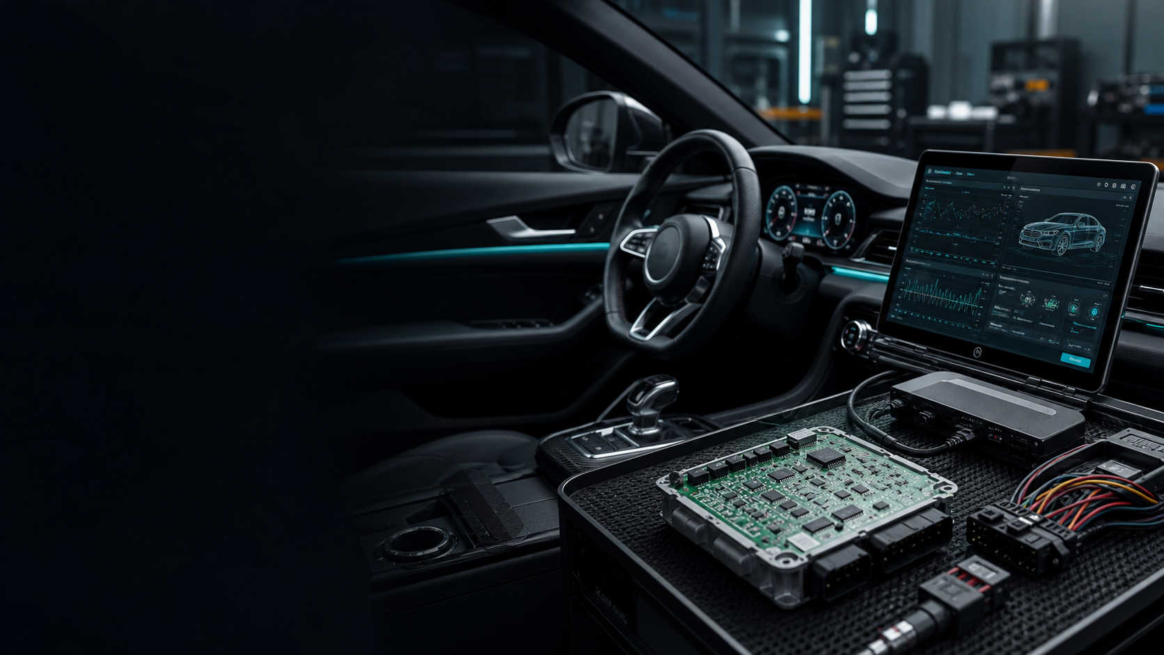 Modern automotive electronics diagnostics workspace